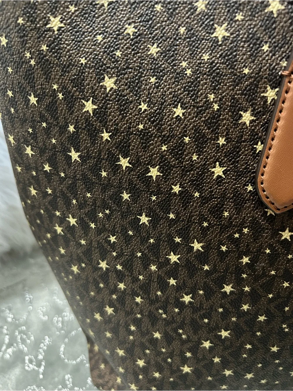 NWT Michael Kors Arden Brown Star-Print Logo Tote with Tan Trim